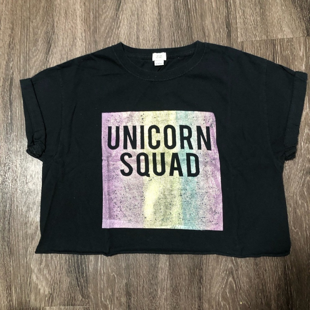 River Island Kids "Unicorn Squad" Cropped Graphic T-shirt - Black, 9-10 Yrs